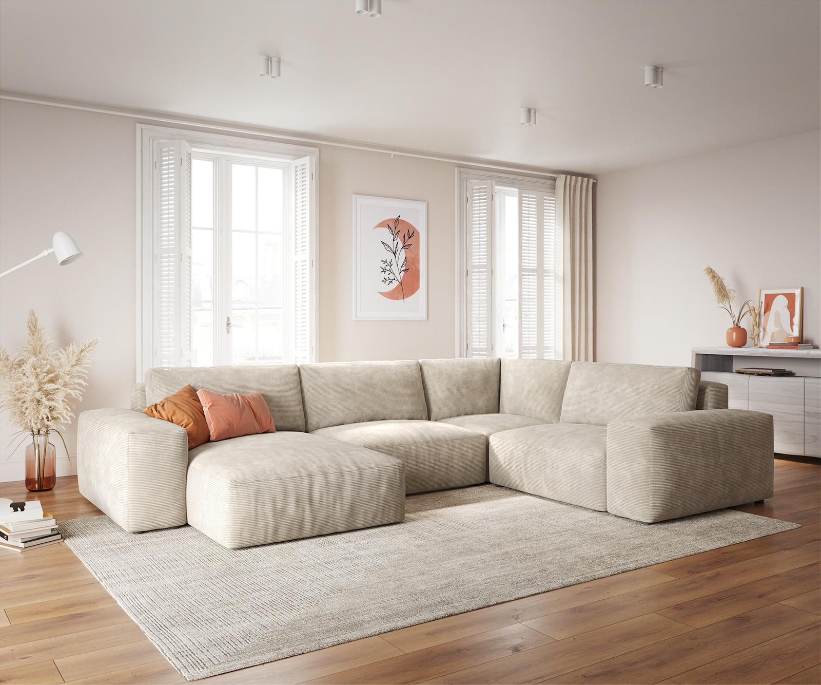 Woonkamerlandschap Lanzo XL Corduroy Beige 360x260 cm Recamiere variabel 1