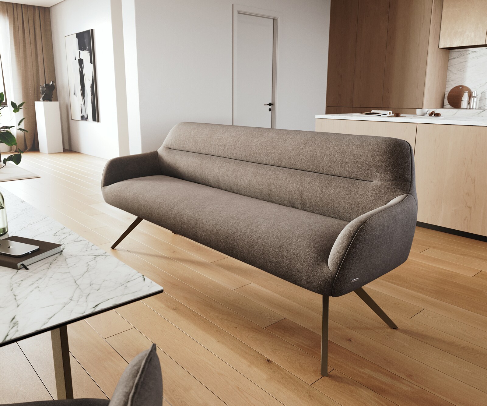 Eetkamerbank Taya-Flex 200 cm zachte stof met structuur taupe hoekig kruisframe afwerking met titaniumeffect pocketvering