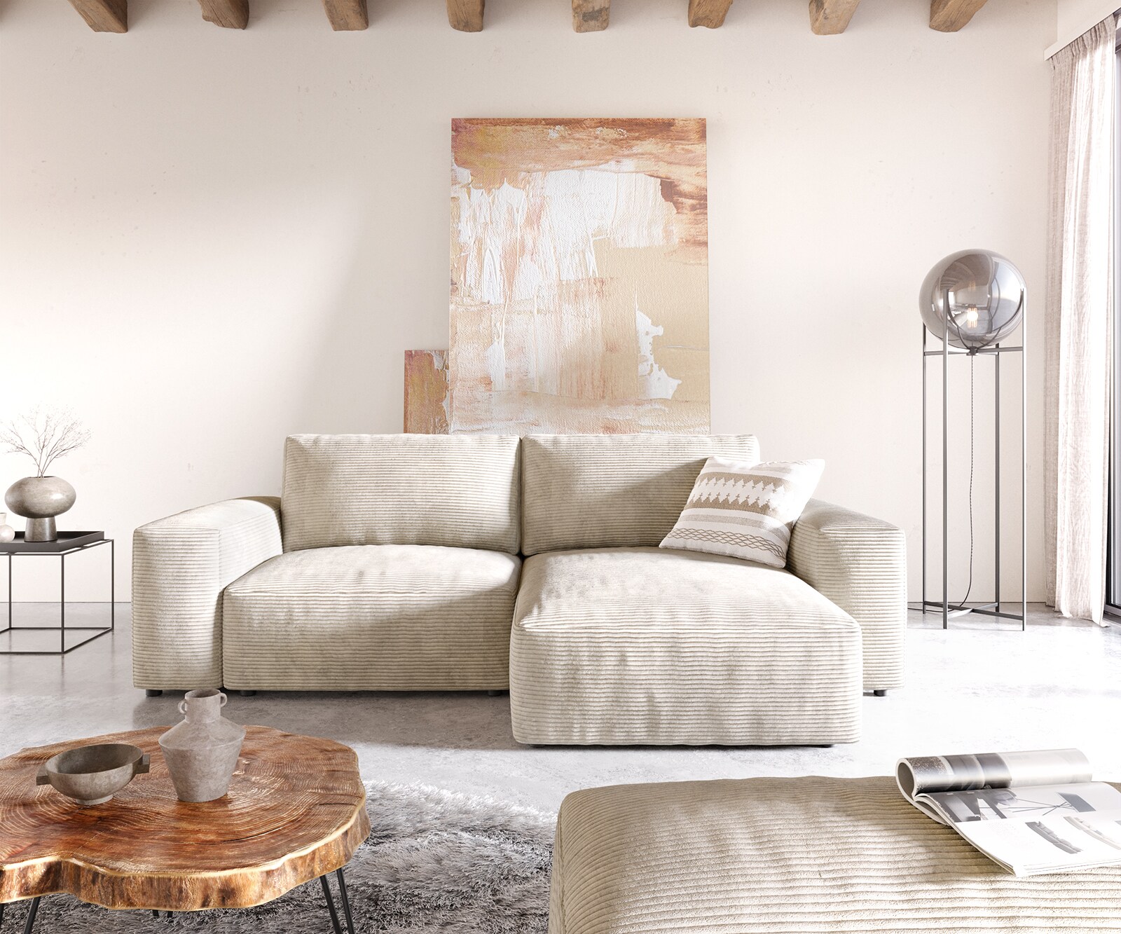 Hoeksofa Lanzo 230x155 cm ribcord beige met variabele recamière en hocker 1