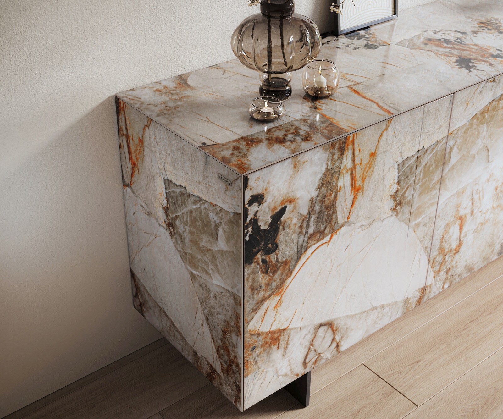 Dressoir Cuor 180 cm Keramiek Patagonia gepolijst 2 Deuren 3 Laden Zwevende voet look Metaal Zwart 6