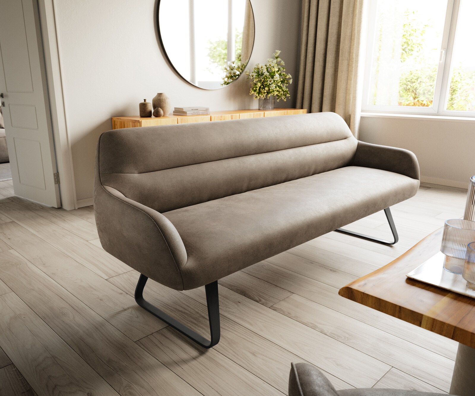 Eetkamerbank Taya-Flex 200 cm microvelours taupe vintage platte sledebasis zwart pocketvering