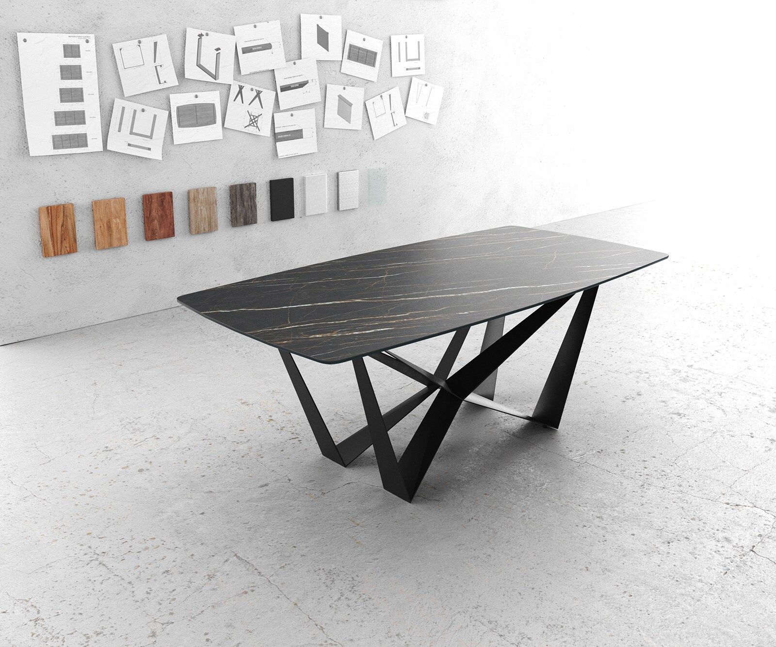 Eettafel Edge Bootsform 200x100cm Laminam® keramiek bruin middenpoot vlak staal zwart