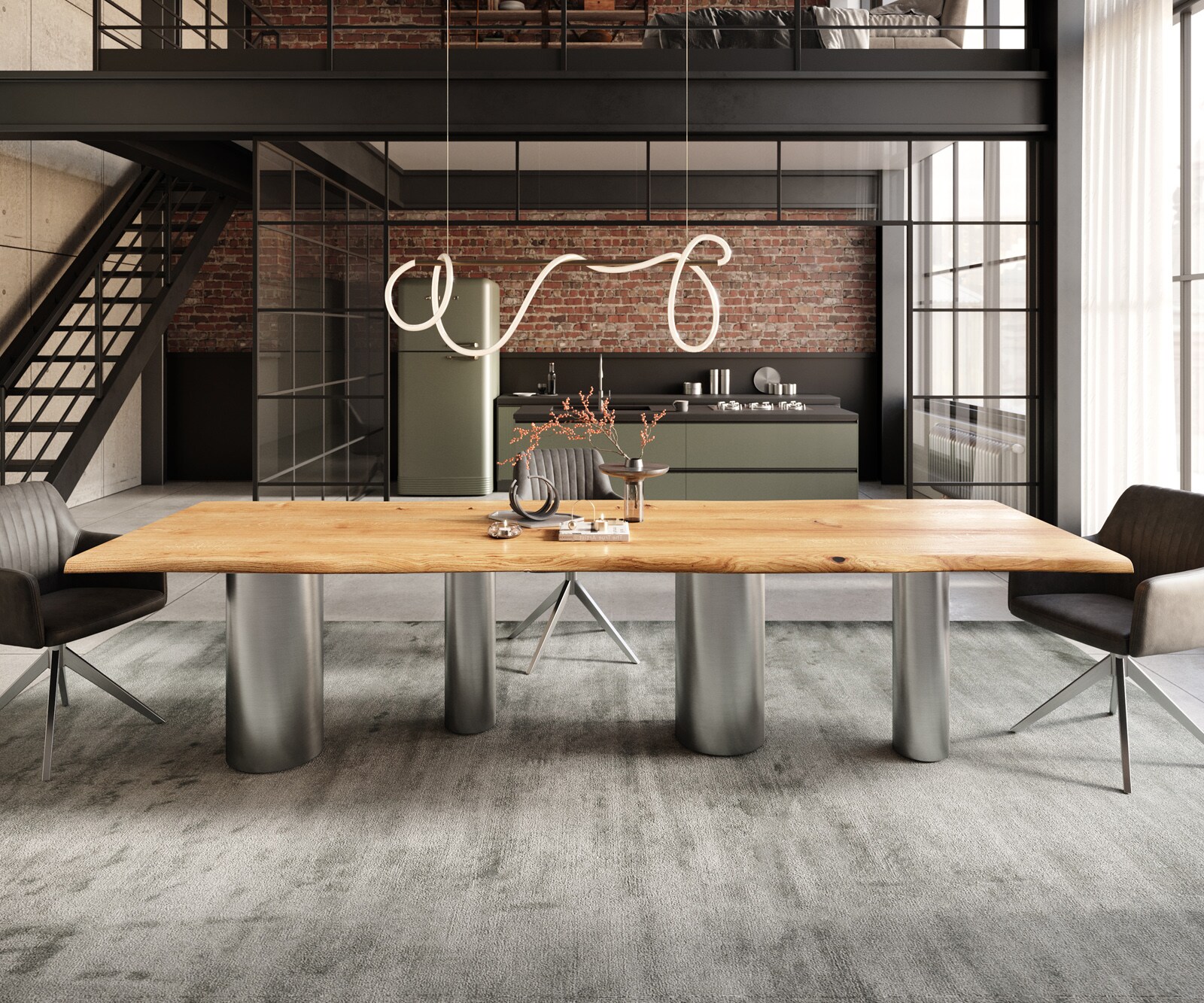Eettafel Edge 300x100x4 eiken natuur Pilier RVS geborsteld Live-Edge 1