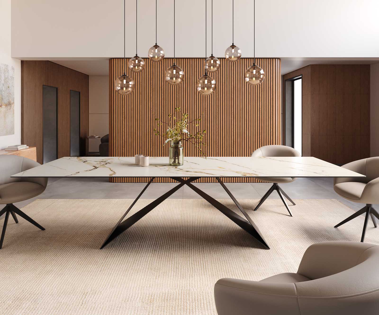 Eetkamertafel Edge 300x100 keramiek Calacatta Luxe wit-goud-grijs V-frame vlak staal zwart 2
