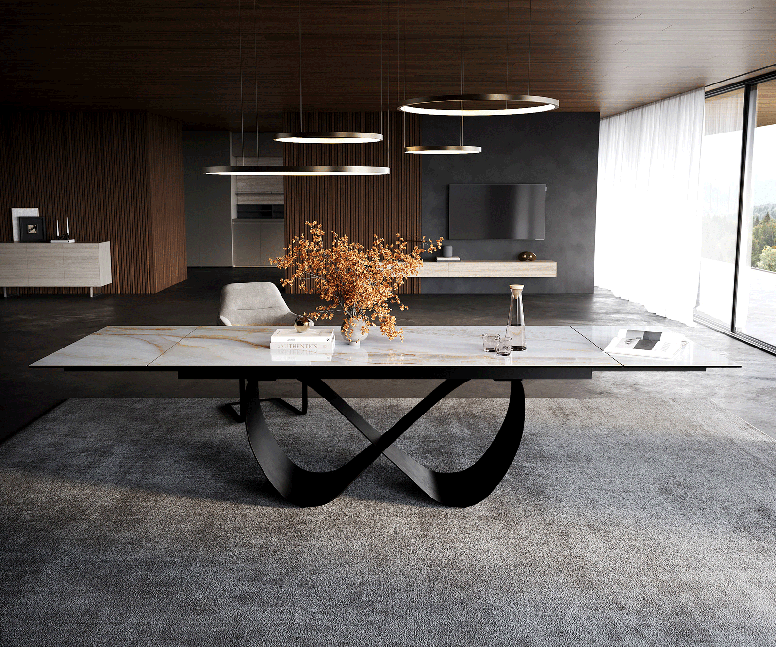 Eettafel Edge 200-300x100 cm keramiek Onyx Pearl Infinity metaal zwart uittrekbaar 2
