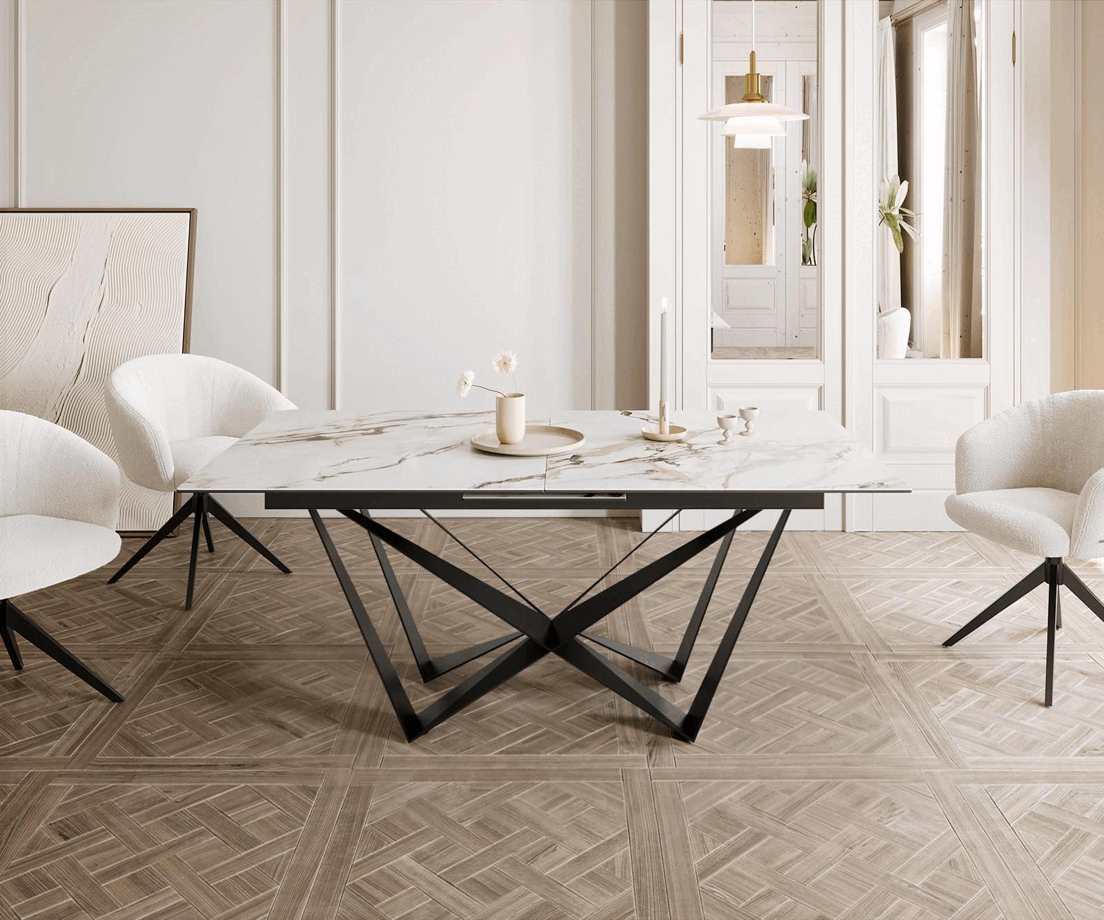 Eetkamertafel Edge 180-220x100 keramiek Calacatta Luxe wit-goud-grijs spider vlak staal zwart uitschuifbaar 1 Eetkamertafel Edge 180-220x100 keramiek Calacatta Luxe wit-goud-grijs spider vlak staal zwart uitschuifbaar 1
