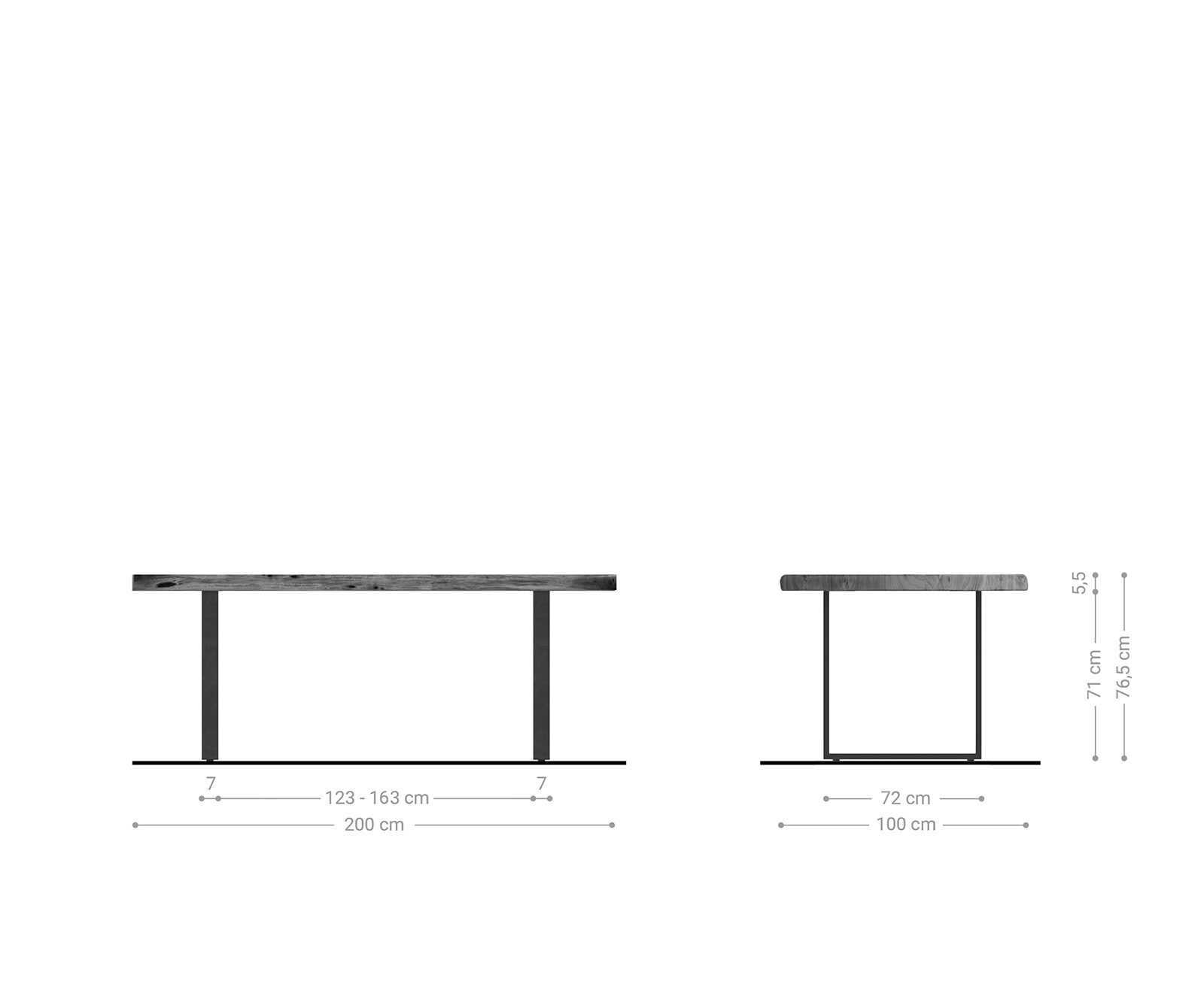 Eettafel Edge 200x100 XL acacia platina skidframe zwart Live-Edge 5 Eettafel Edge 200x100 XL acacia platina skidframe zwart Live-Edge 5