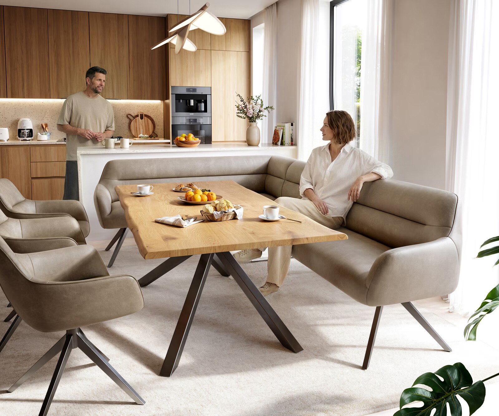 Eetkamerbank Taya-Flex 285x190 cm microvelours beige vintage hoekig kruisframe grafiet pocketvering links 1