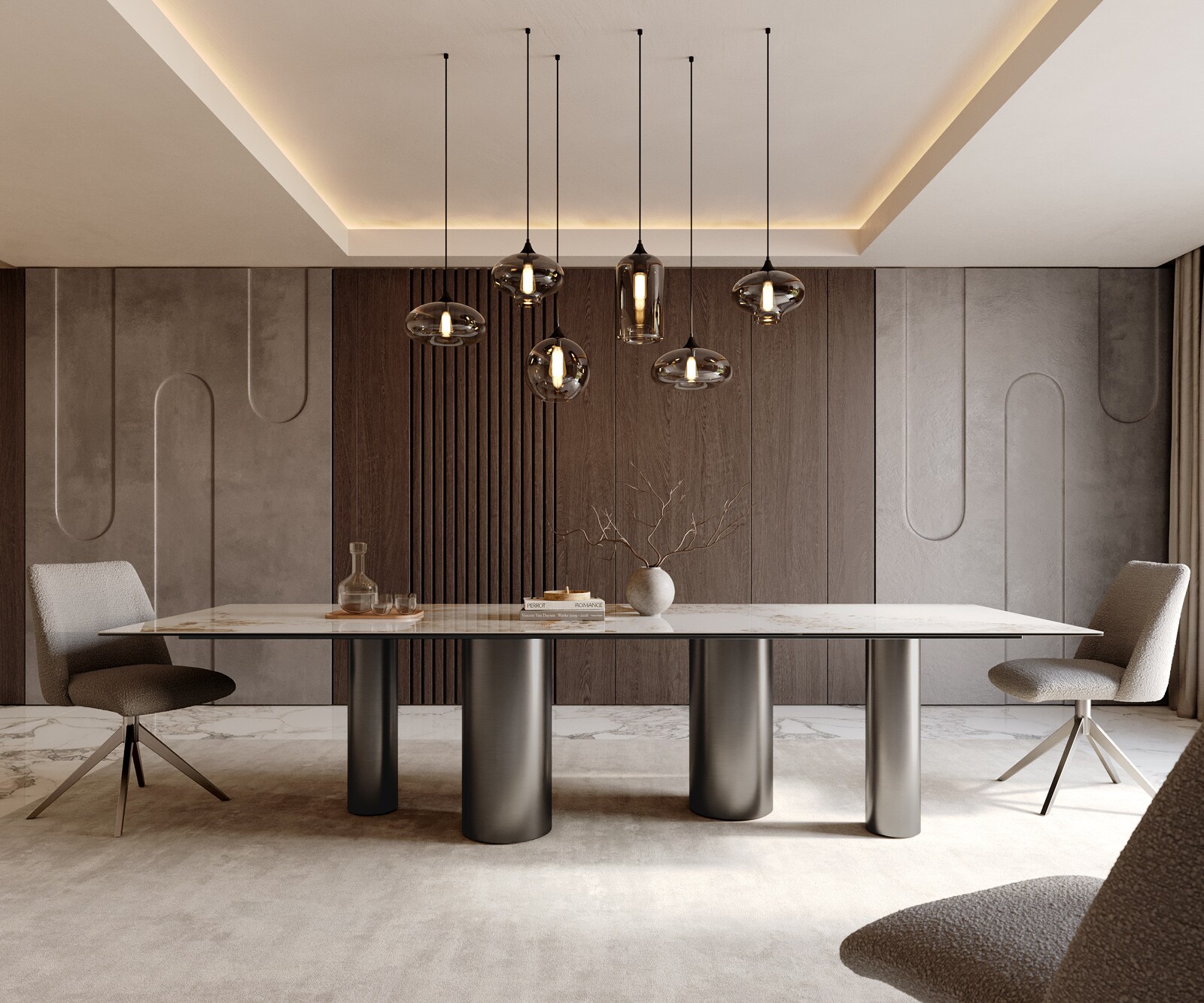 Eetkamertafel Edge 300x100 keramiek Minas Melange wit-Beige Pilier roestvrij staal grafiet 1