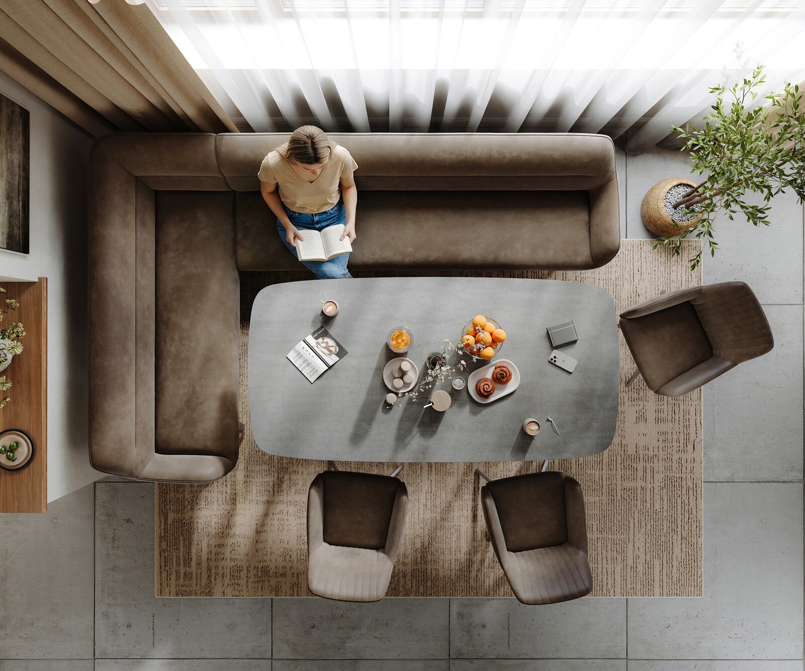 Eetkamerbank Taya-Flex 285x190 cm microvelours taupe vintage platte sledebasis roestvrij staal pocketvering links 6