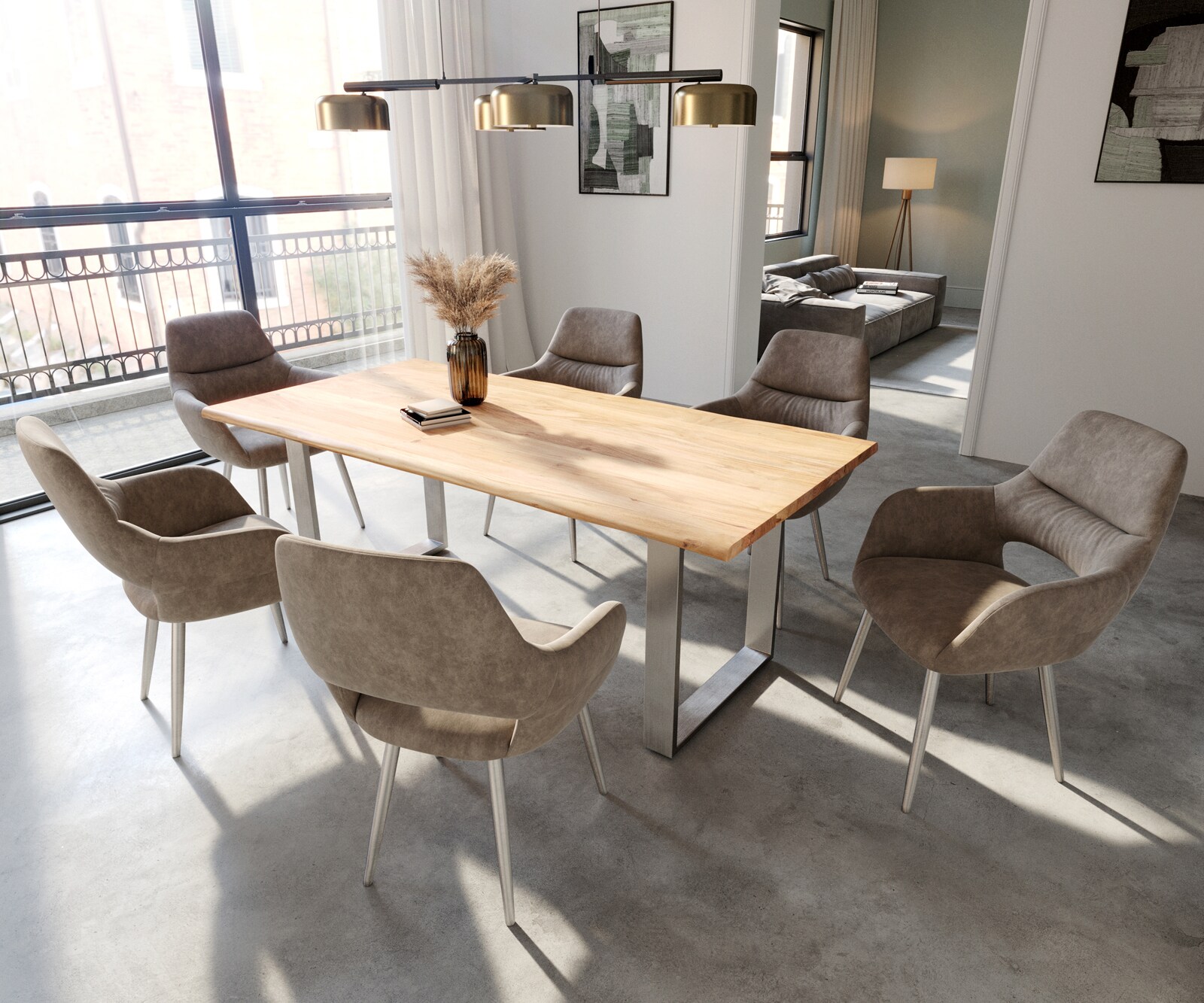 Eetkamerstoel Yago-Flex met armleuning microvelours taupe vintage 4-poot conisch roestvrij staal pocketveer kern 4