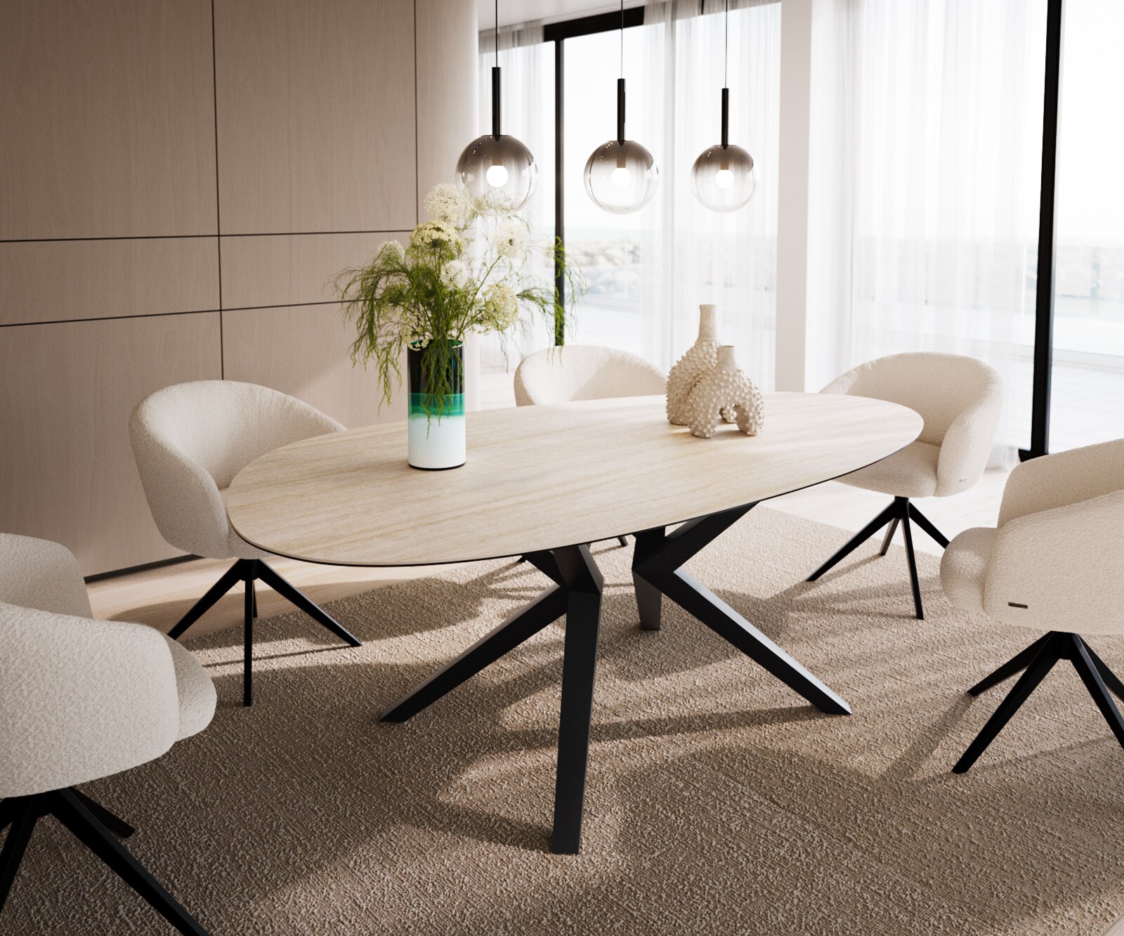 Eetkamertafel Edge ovaal 220x120 keramiek Laminam®Travertino Bianco Creme-wit​ Zenthara hoekig metaal zwart
