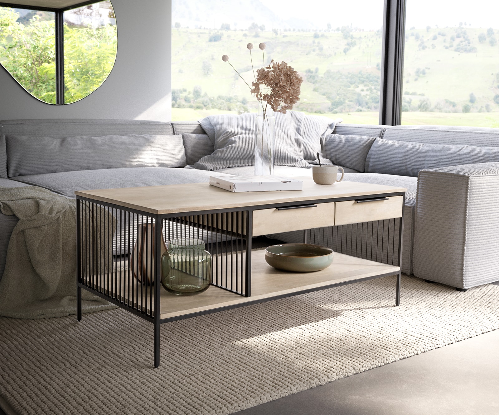 Salontafel Libina 120x60 cm Mango White Wash metaal zwart 2 laden 5 Salontafel Libina 120x60 cm Mango White Wash metaal zwart 2 laden 5