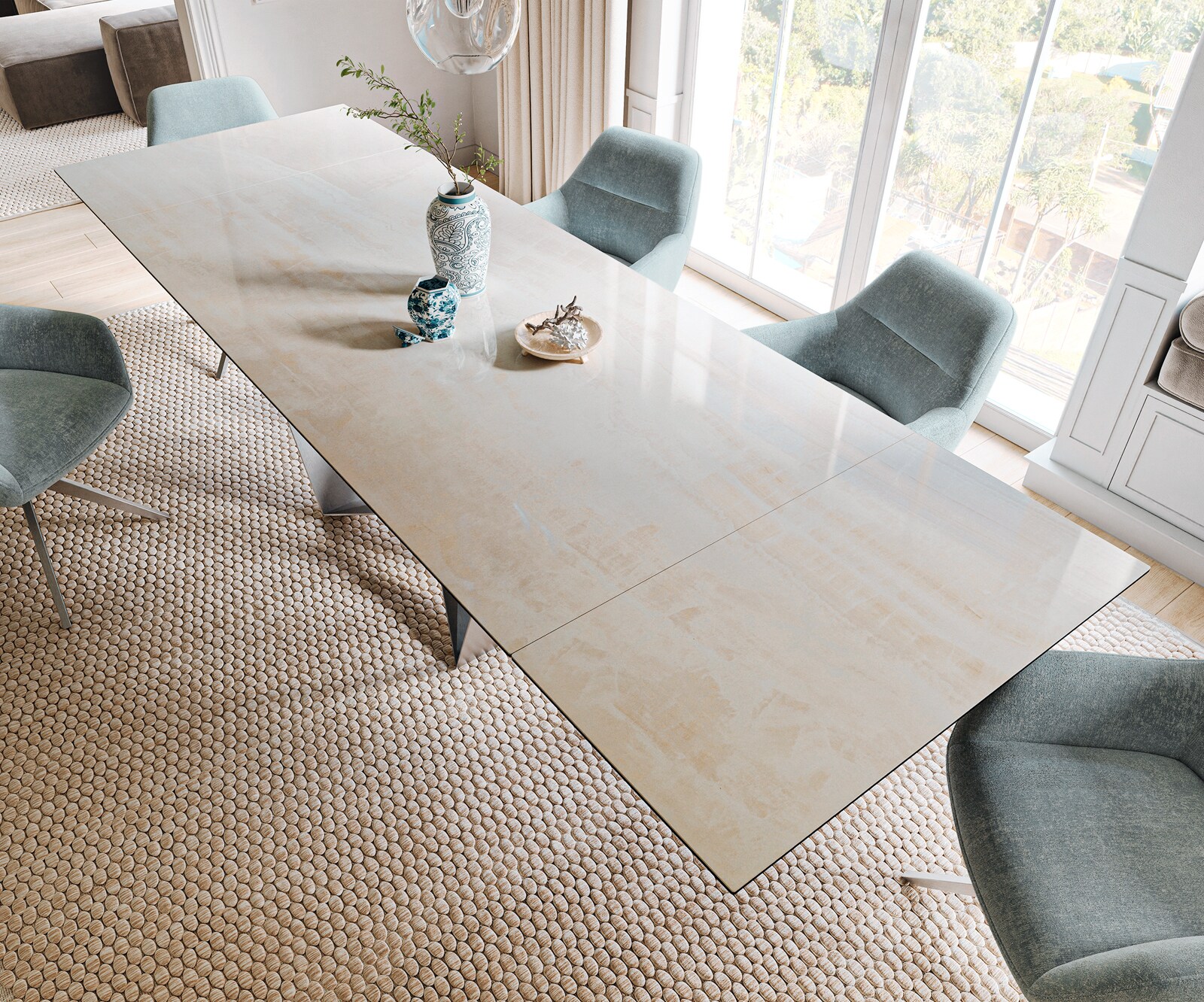 Eettafel Edge 200-300x100 cm keramiek Onyx Champagne Spider plat staal roestvrij staal uittrekbaar 4