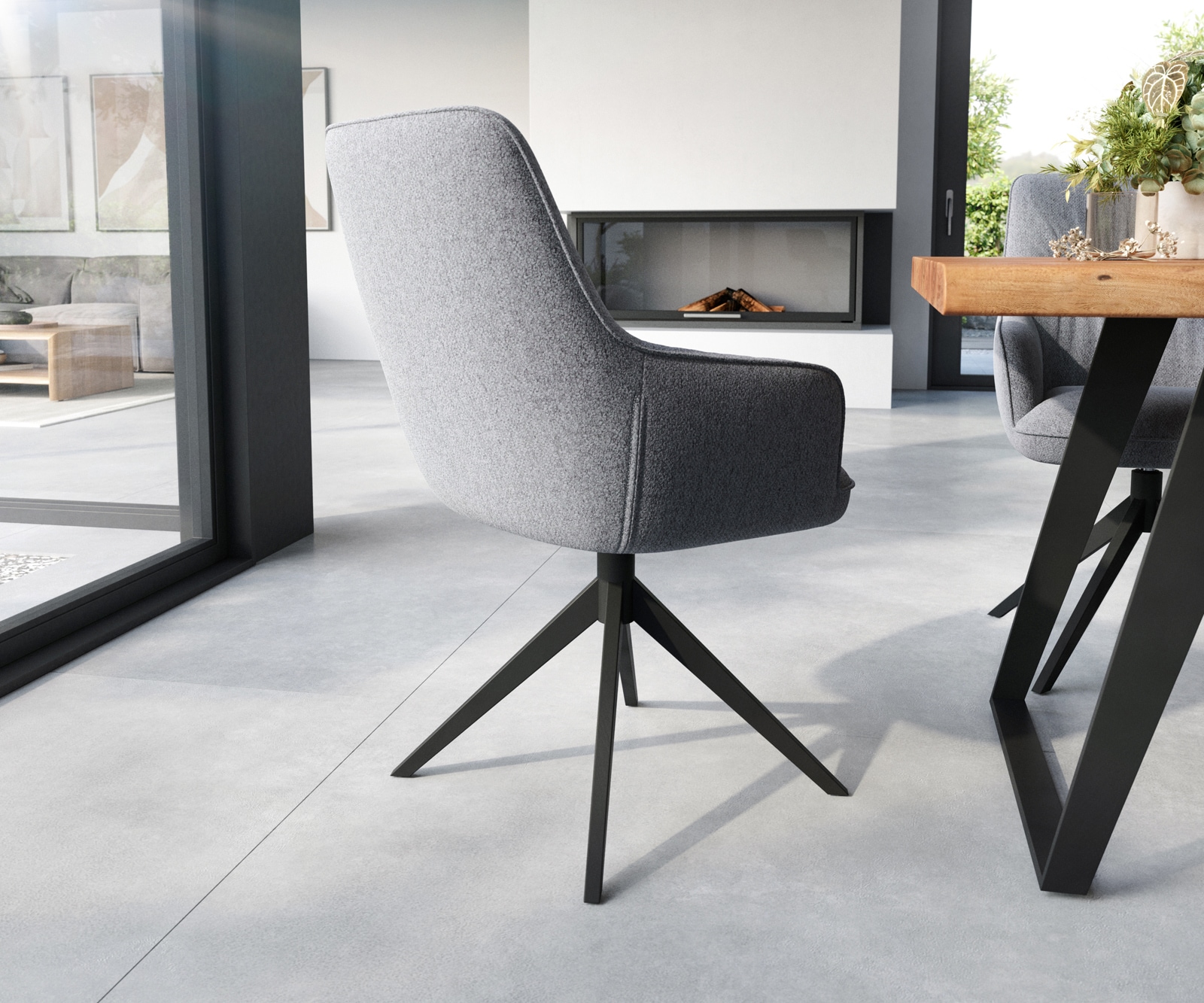 Eetkamerstoel Zelia-Flex met armleuning structuurstof lichtgrijs kruisframe breed zwart pocketveer kern 4 Eetkamerstoel Zelia-Flex met armleuning structuurstof lichtgrijs kruisframe breed zwart pocketveer kern 4