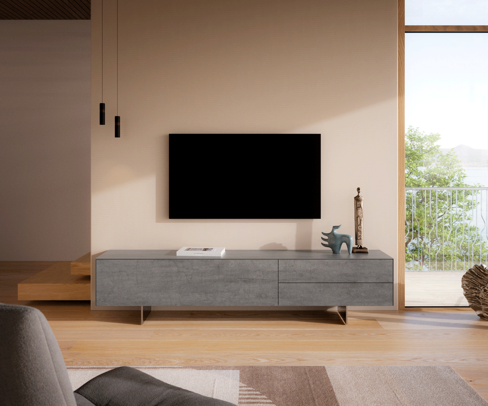 Tv-meubel Cuor 220 cm Keramiek Beton Grijs 1 Flap 2 Laden Zwevende voet look Roestvrij staal 2