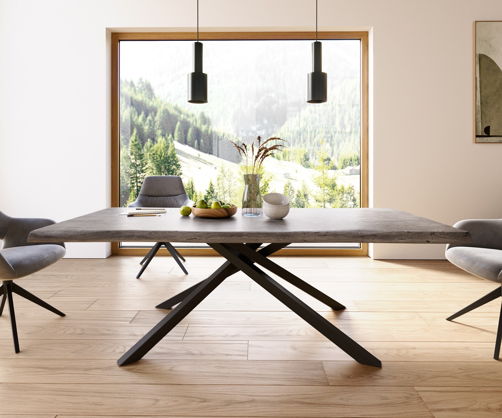 Eettafel Edge 220x100 XL acacia platina  kruisframe rechthoek zwart  Live-Edge 2