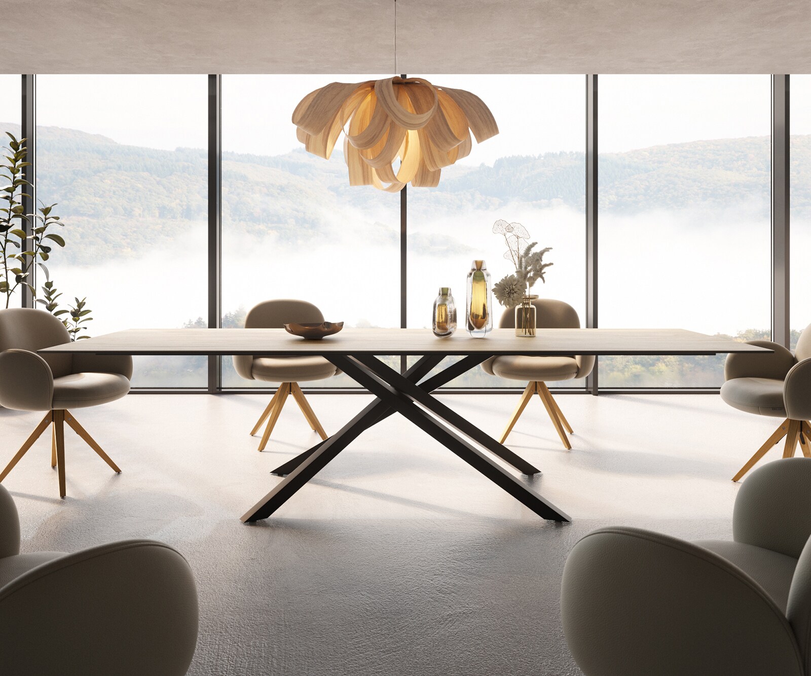 Eetkamertafel Edge 300x100 keramiek Laminam® Sabbia eiken kleur kruisframe rechthoek zwart 1