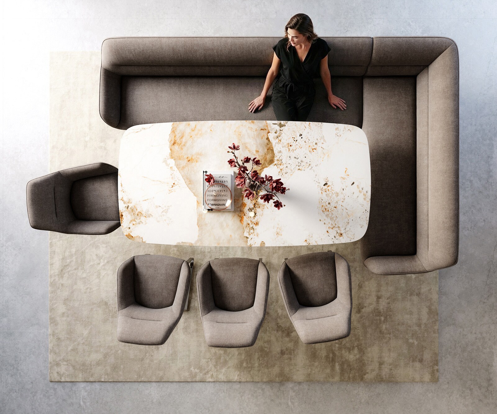 Eetkamerbank Taya-Flex 285x190 cm zachte stof met structuur taupe platte sledebasis roestvrij staal pocketvering links 6