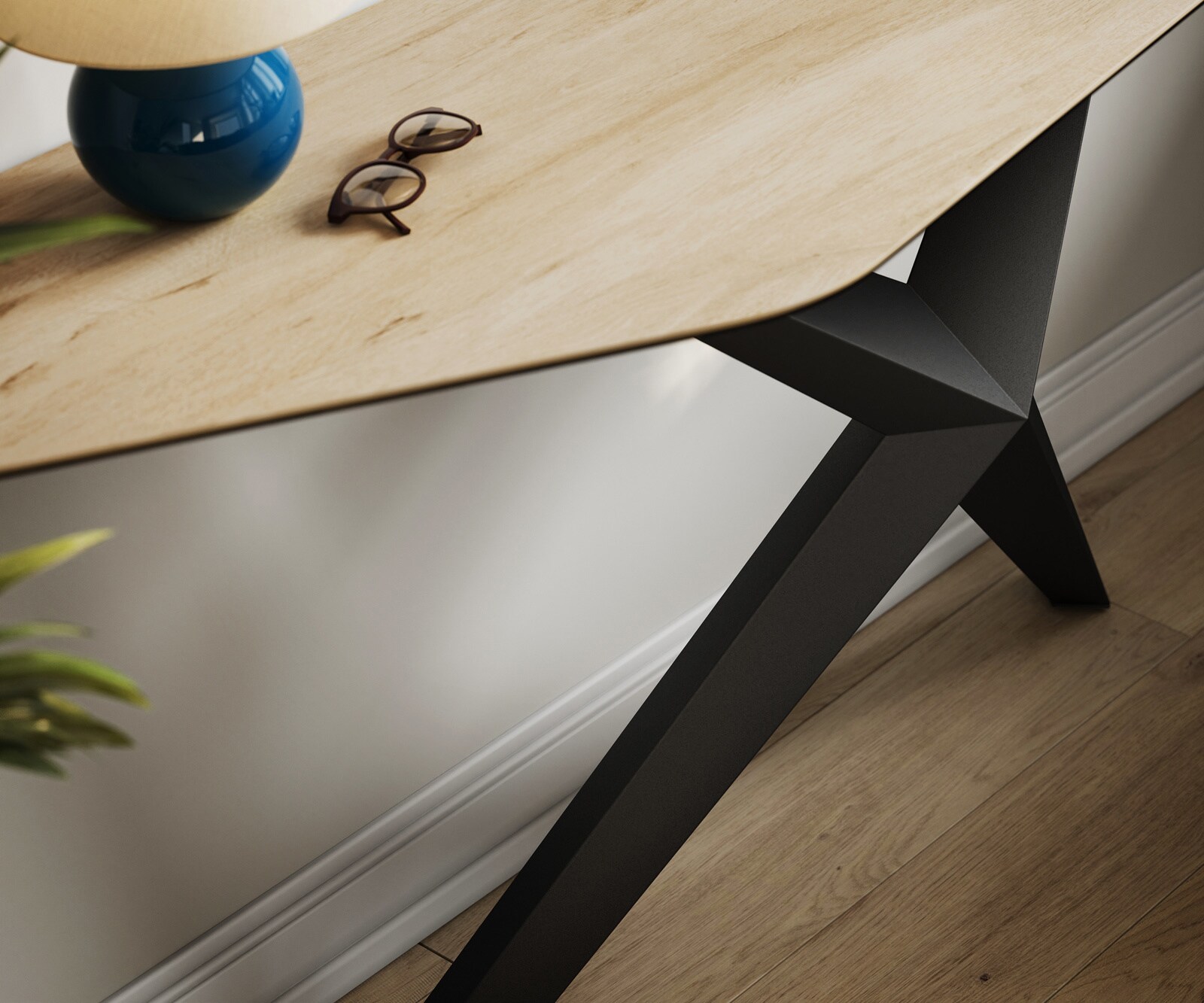 Consoletafel Edge Polygonaal 180x50 cm Keramiek Laminam® Sabbia Eichefarbig Zentharo Metaal Zwart 6