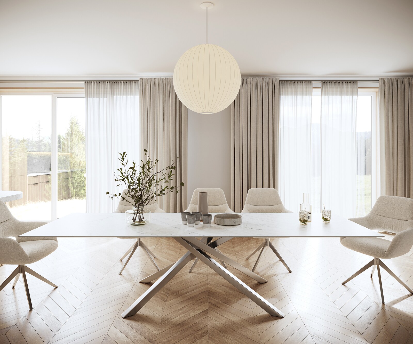 Eettafel Edge 300x100cm Laminam® keramiek wit middenpoot kruis zilver 2