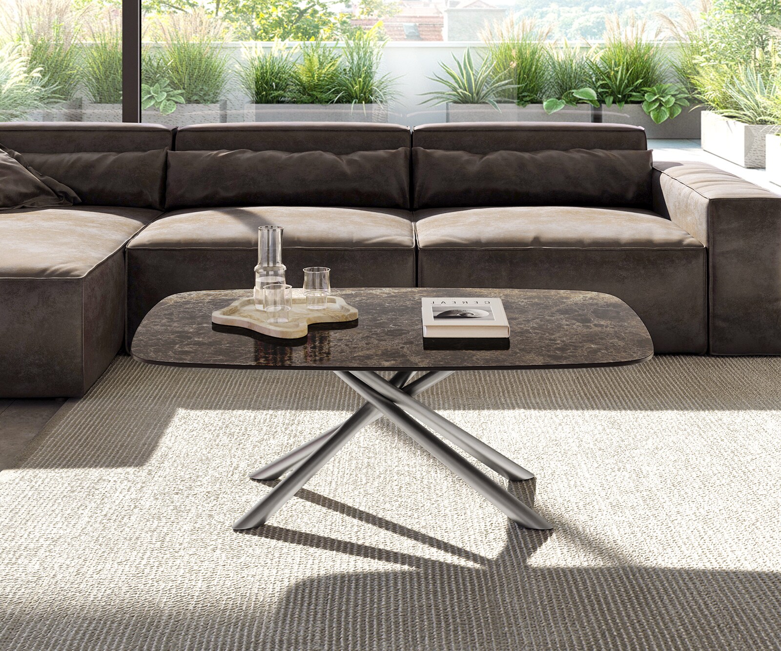 Salontafel Edge Boot 120x70 cm keramiek Laminam® Emperador Extra Lucidato donkerbruin Sarity geborsteld roestvrij staal 2