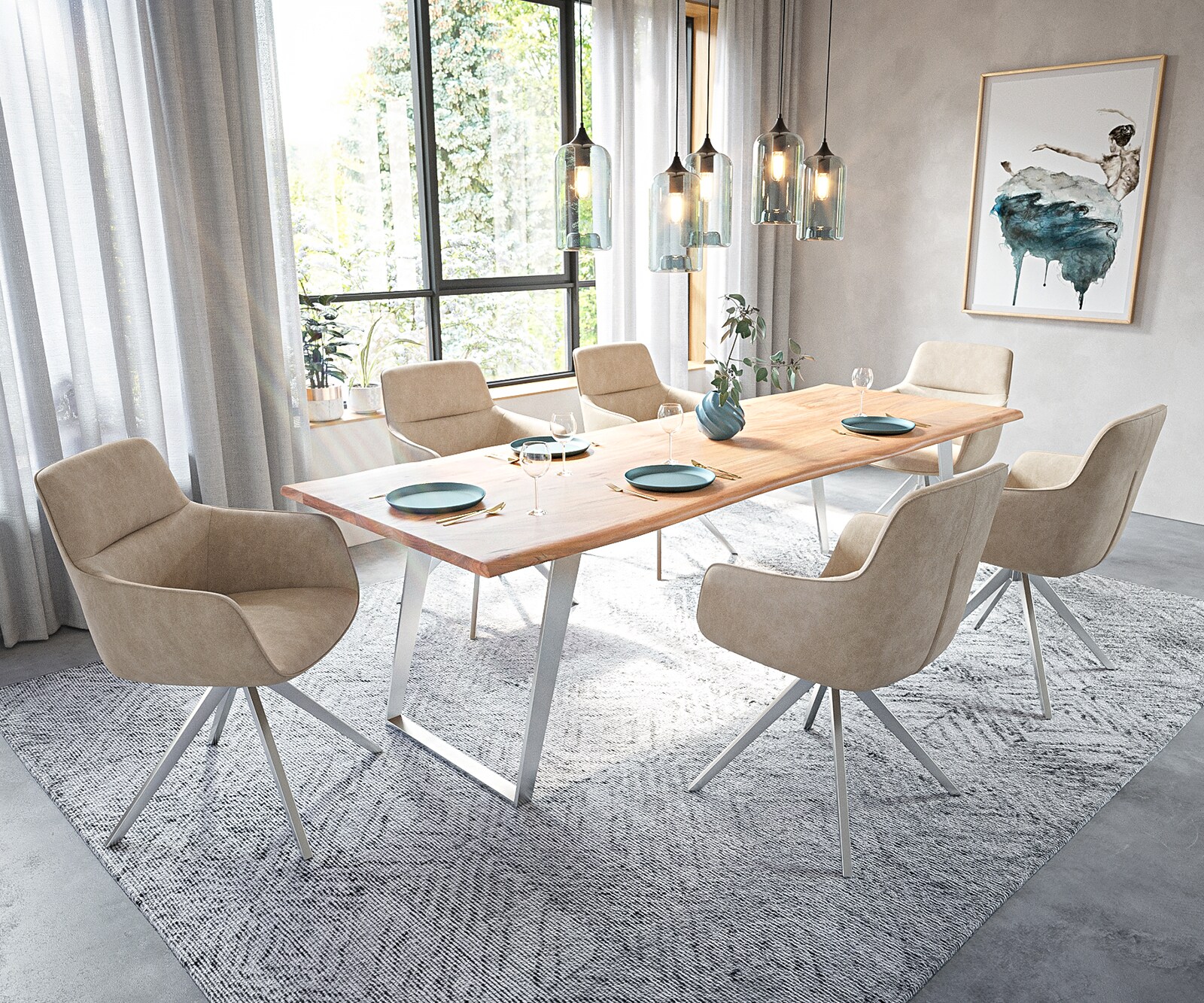 Eettafel Edge 260x100cm acacia natuur roestvrijstaal zilver schuin Live-Edge
