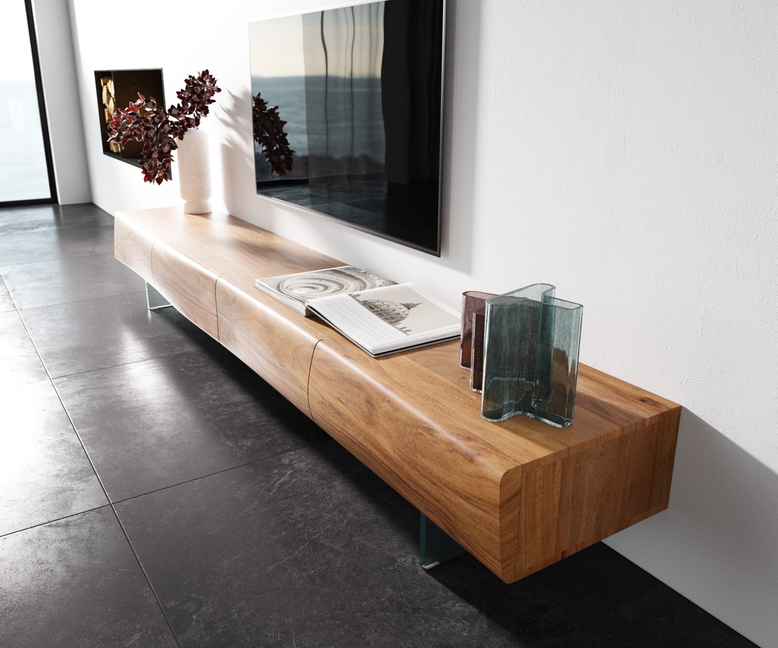 TV-meubel New Live-Edge 240 cm acacia natuur 4 schuifladen glazen poot 1