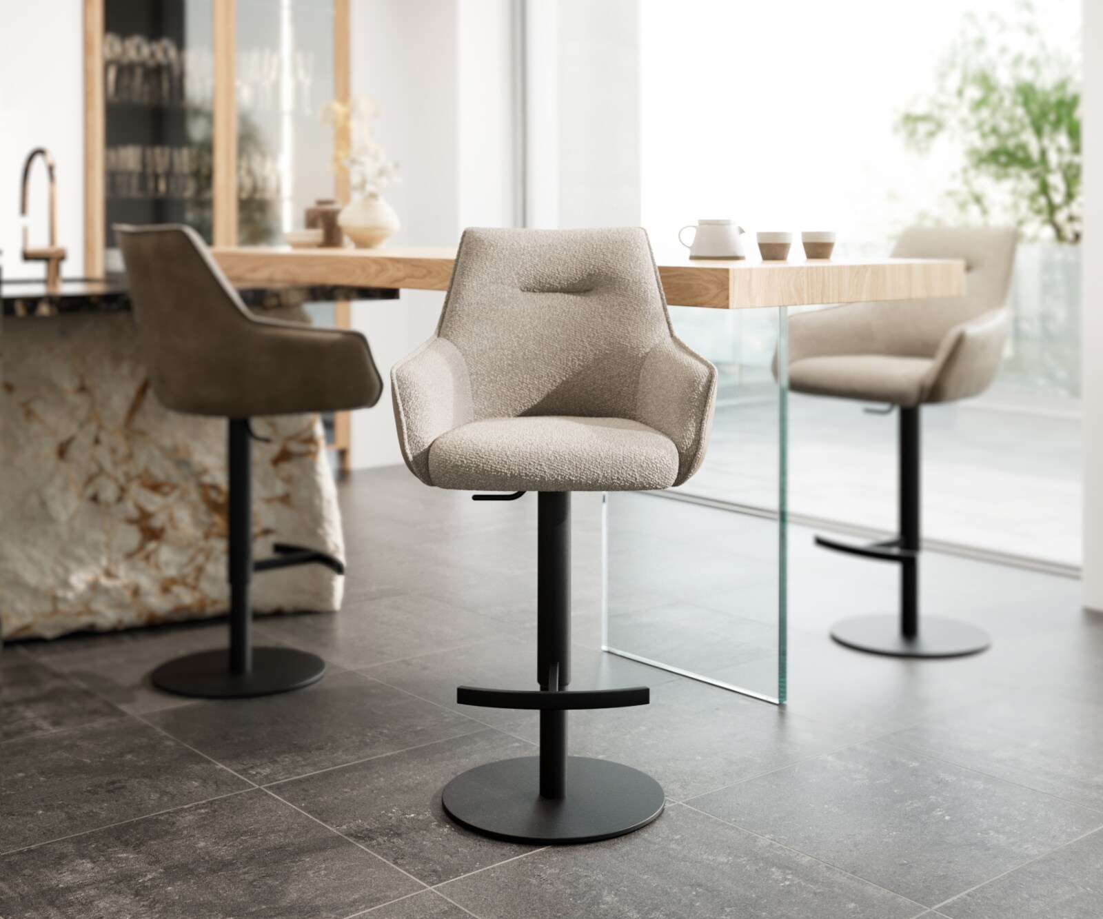 Barstoel Alja-Flex materiaalmix microvezel Mud / bouclé Mud draaivoet in hoogte verstelbaar metaal zwart draaibaar pocketvering 2