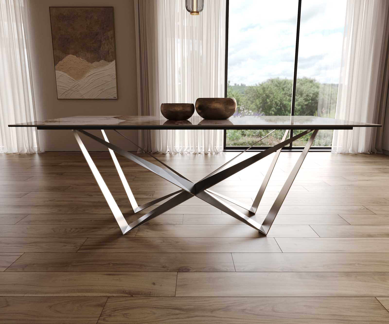 Eetkamertafel Edge 200x100 keramiek Minas Melange wit-beige spider vlak staal RVS 8