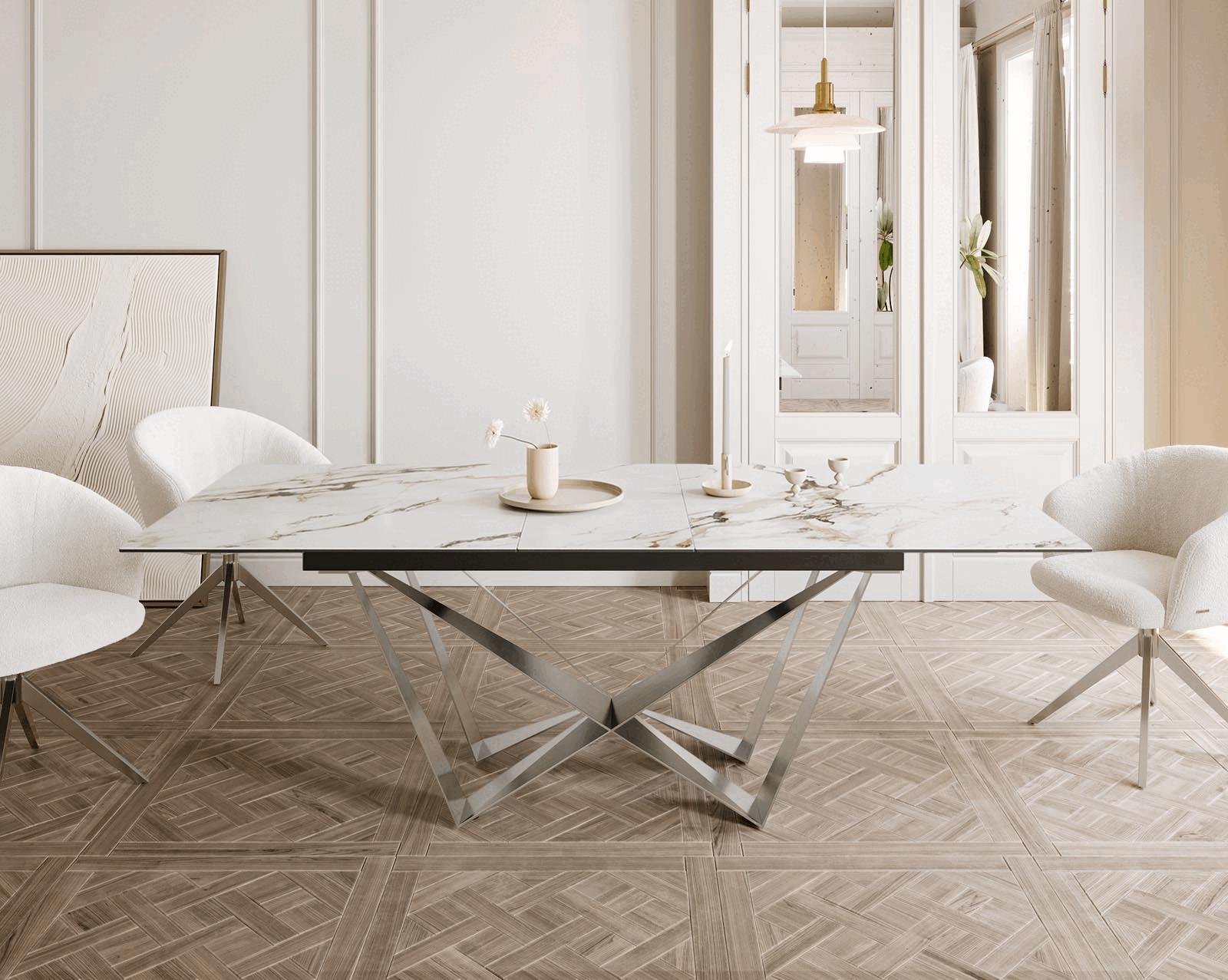 Eetkamertafel Edge 180-220x100 keramiek Calacatta Luxe wit-goud-grijs spider vlak staal RVS uitschuifbaar