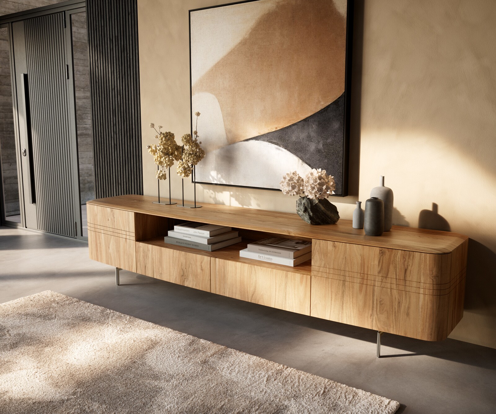 Tv-meubel Nagaru 240 cm acacia aura 2 deuren 2 laden 1 vak Onderstel ovaal roestvrij staal 1