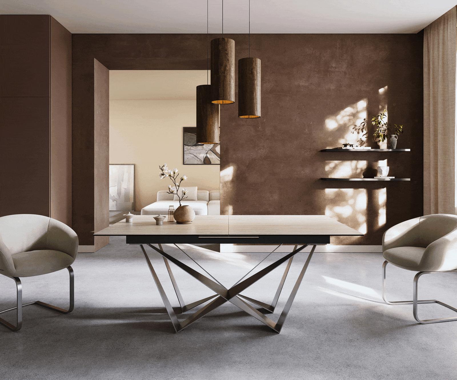 Eettafel Edge 180-220x90 keramiek  Laminam® Travertino Bianco Creme-wit Spider vlak staal RVS uitrekbaar 2