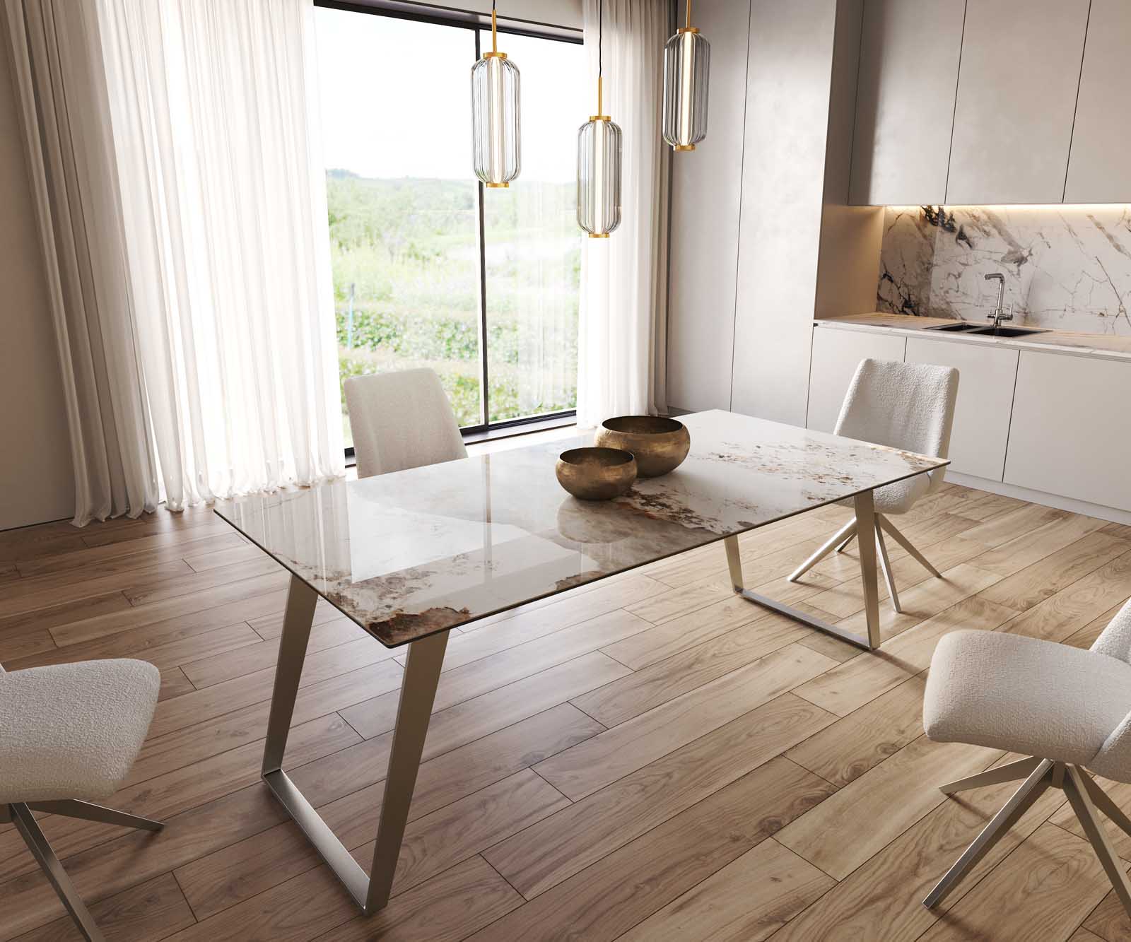 Eetkamertafel Edge 200x100 keramiek Minas Melange wit-beige RVS schuin
