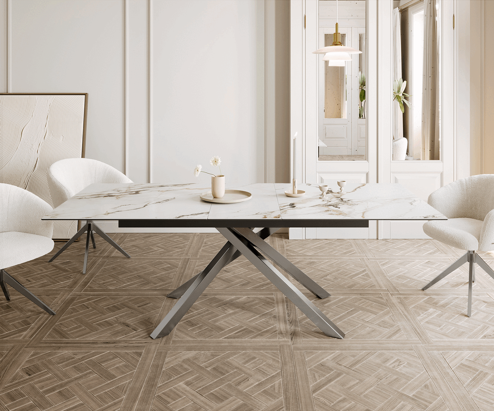 Eetkamertafel Edge 180-220x100 keramiek Calacatta Luxe wit-goud-grijs kruisframe rechthoek RVS uitschuifbaar 1