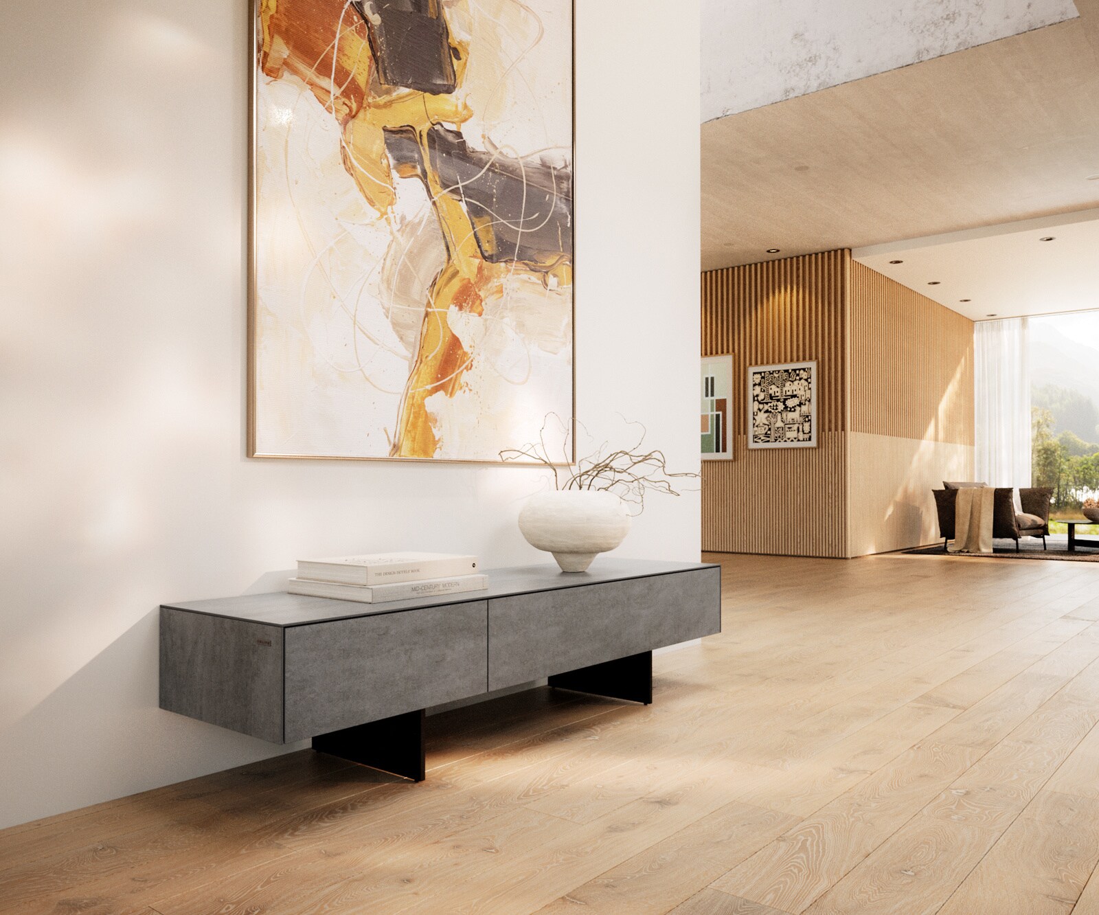 Tv-meubel Cuor 150 cm Keramiek Beton Grijs 1 Flap 1 Laden Zwevende voet look Metaal Zwart 1