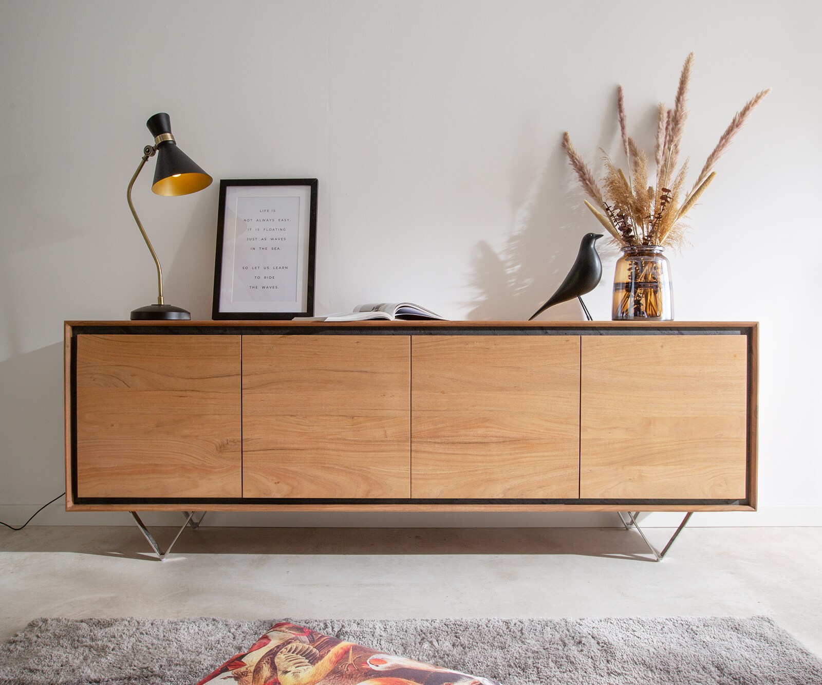 Dressoir Stonegrace 200 cm acacia natuur 4 deuren steenfineer V-poot 1