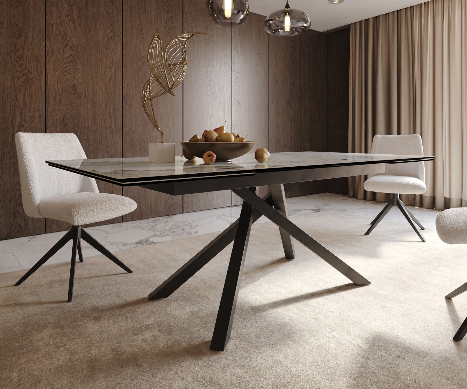 Eetkamertafel Edge 200-300x100 keramiek Minas Melange wit-beige kruisframe rechthoek zwart uitschuifbaar 6
