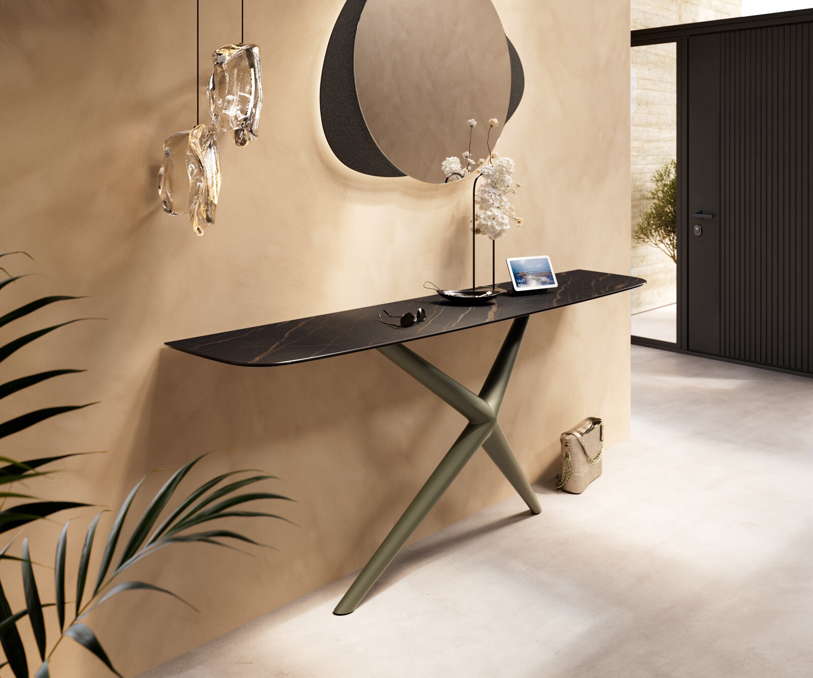 Consoletafel Edge Bootvorm 180x40 cm Keramiek Laminam® Noir Desir Braun Estelo Metaal Effektfinish Titan 4