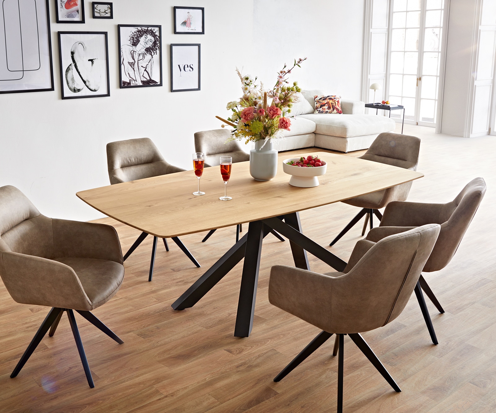 Eettafel Edge Boot 200x100x2,5-3 eiken natuur kruisframe rechthoek zwart  Schweizer Kante 7