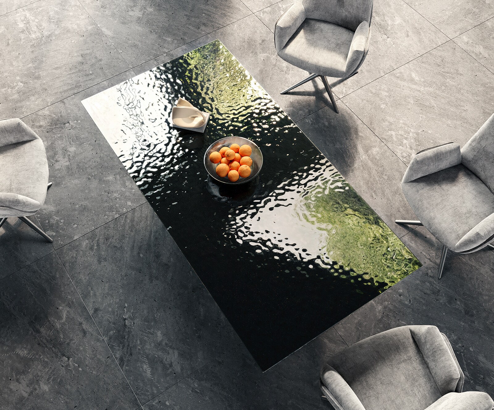 Eetkamertafel Edge 200x100 Glas smelten rokerig zwart 3D-Relief RVS schuin 4