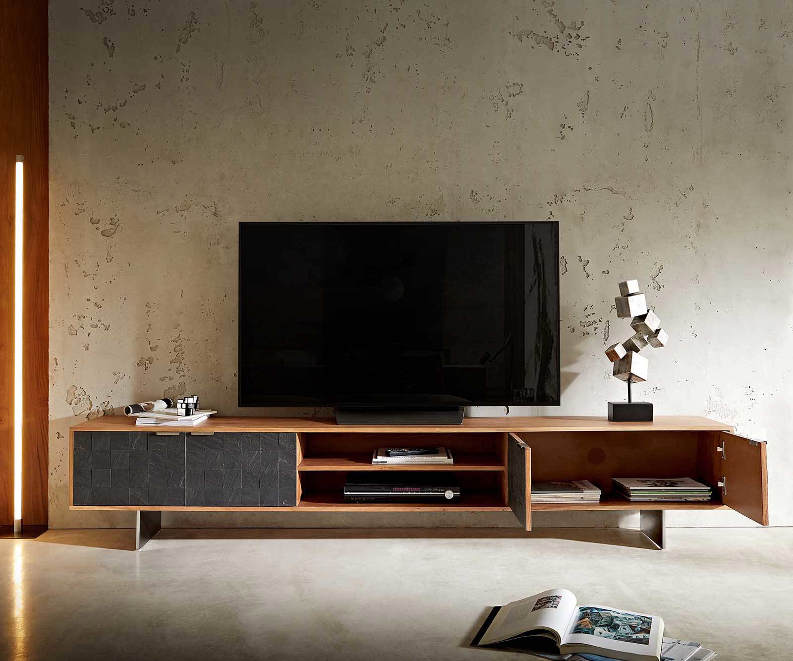 Tv-meubel Teele 240 cm acacia natuurleisteen 4 deurs poot drijvend roestvrij staal 5