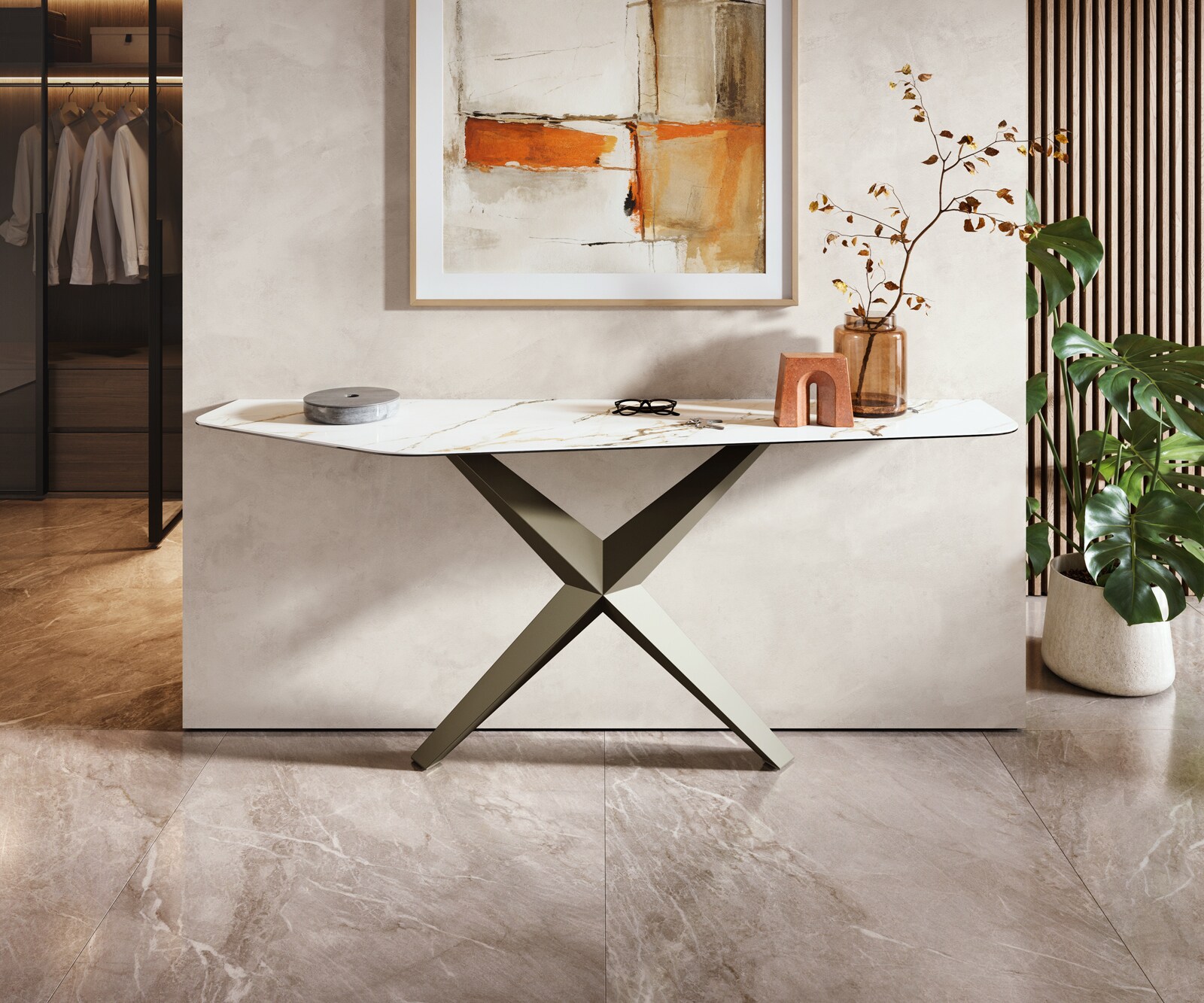 Consoletafel Edge Polygonaal 180x50 cm Keramiek Calacatta Luxe Weiß-Gold-Grijs Zentharo Metaal Effektfinish Titan 4