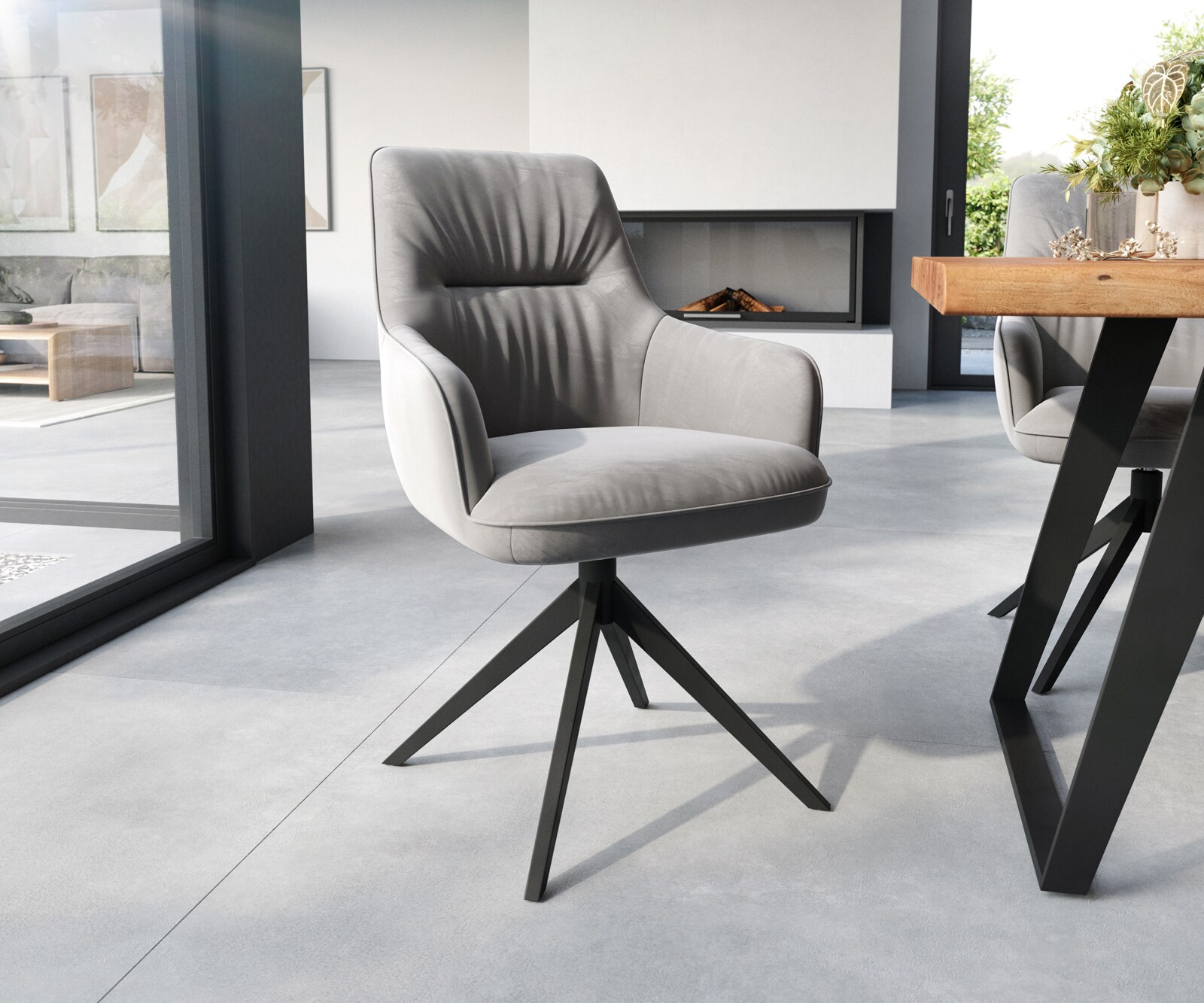 Eetkamerstoel Zelia-Flex met armleuning fluweel grijs kruisframe breed zwart pocketveer kern