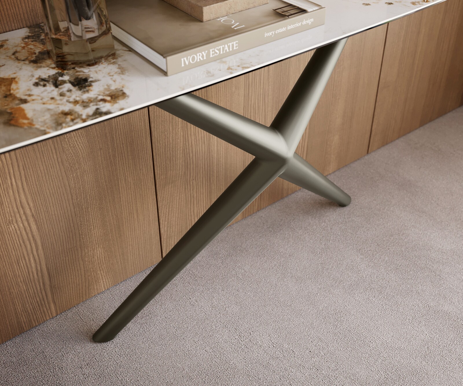 Consoletafel Edge Bootvorm 180x40 cm Keramiek Minas Melange Weiß-Beige Estelo Metaal Effektfinish Titan 6