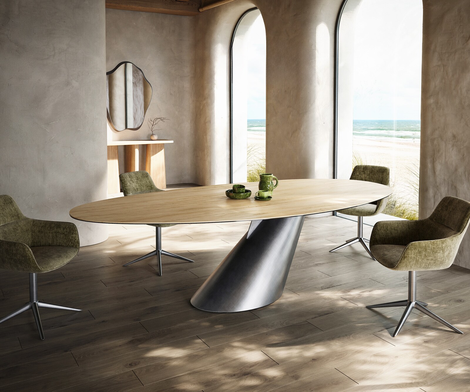 Eettafel Edge Oval 280x130 keramiek  Laminam® Sabbia Eichefarbig Cono metaal zilver 1