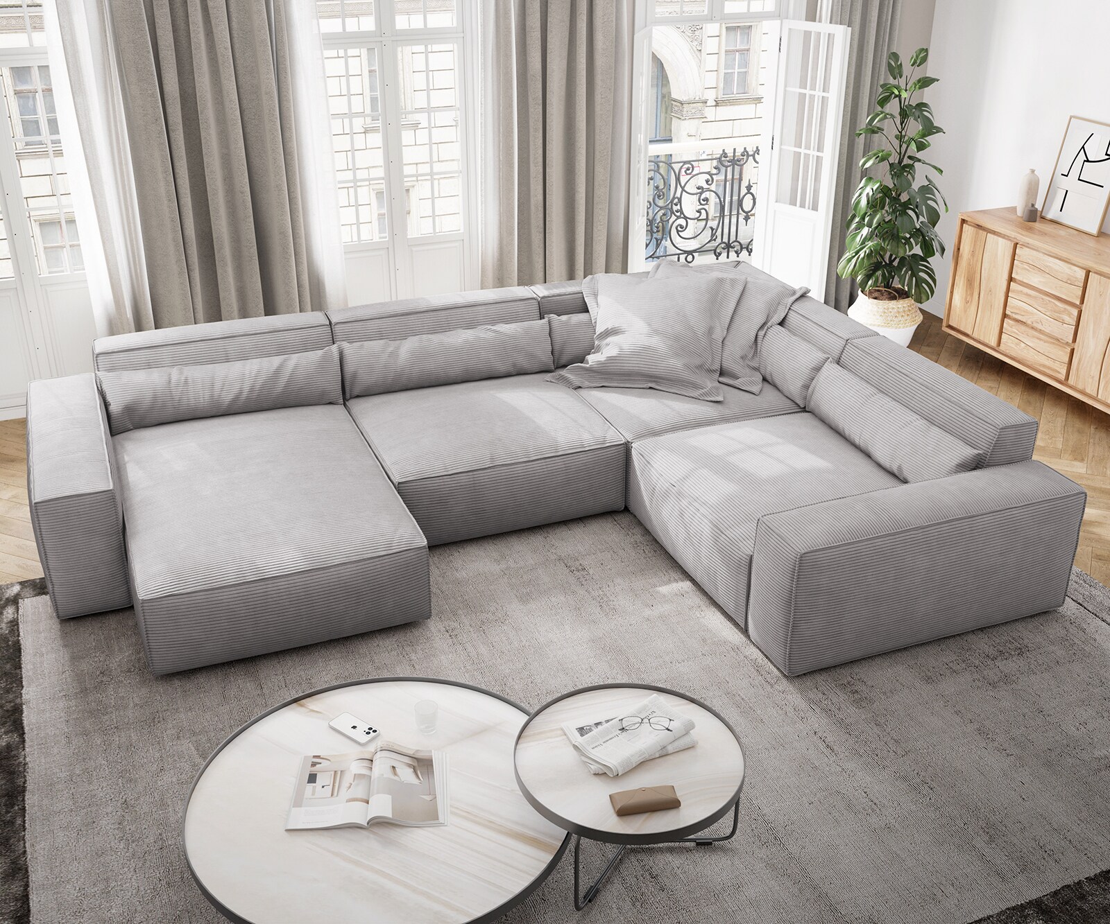 Woonkamerlandschap Sirpio XL 360x260 cm koord zilvergrijs recamiere variabele 3