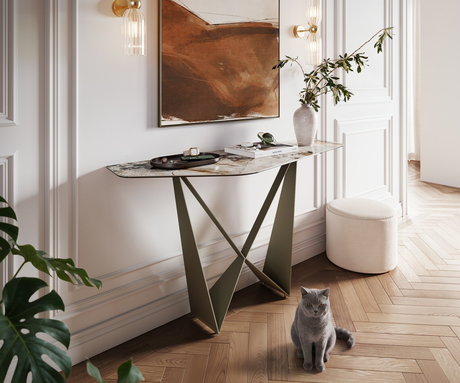 Consoletafel Edge Polygonaal 140x50 cm Keramiek Patagonia Poliert Spios Metaal Effektfinish Titan 1