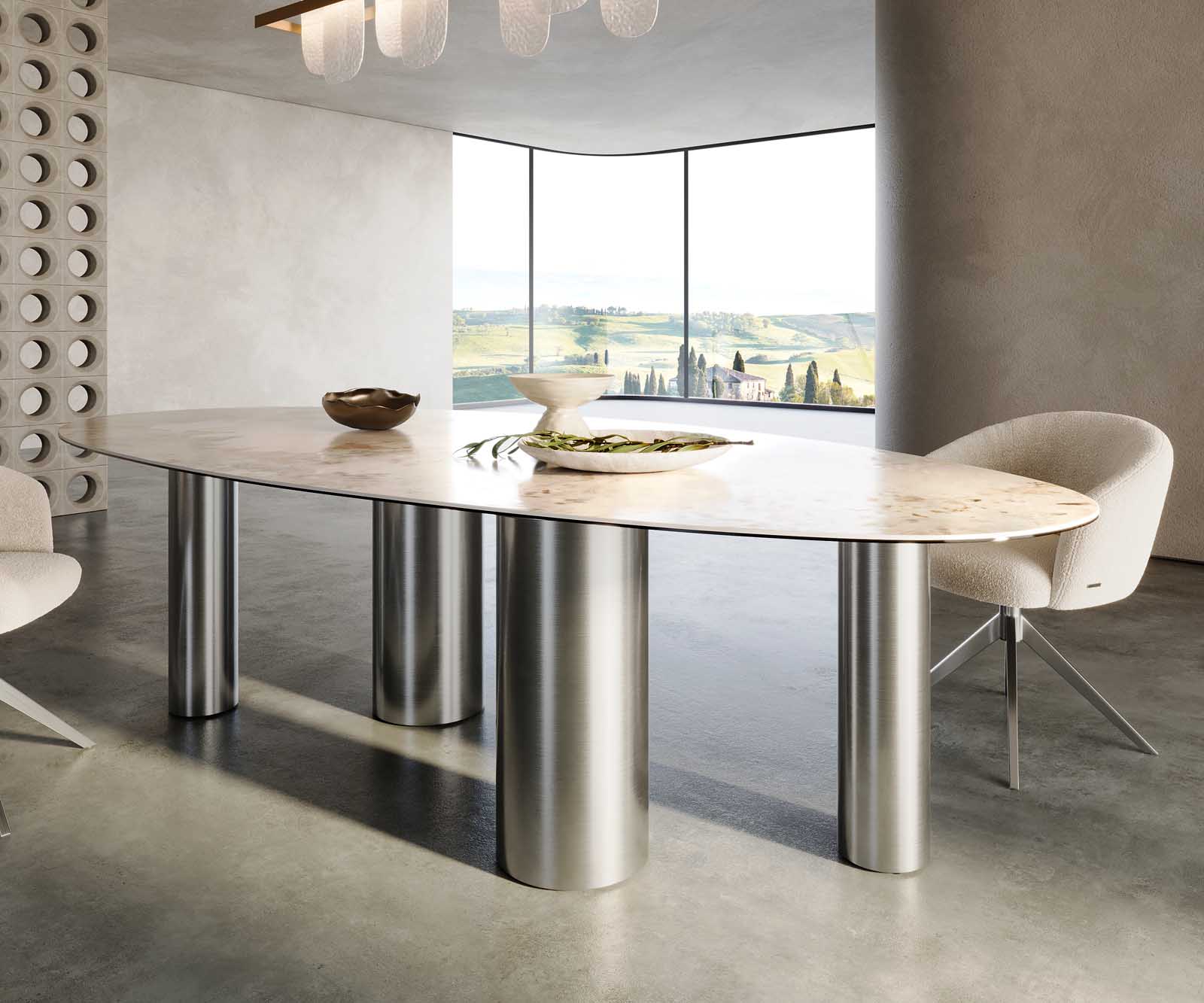 Eettafel Edge ovaal 280x130 keramiek Minas Melange wit-beige pilier roestvrij staal 6 Eettafel Edge ovaal 280x130 keramiek Minas Melange wit-beige pilier roestvrij staal 6