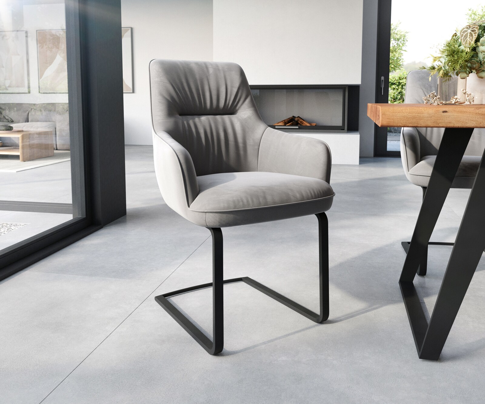 Sledemodel Zelia-Flex met armleuning fluweel grijs sledemodel vlak zwart pocketveer kern